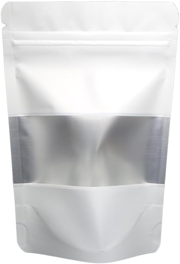 4CP 100 Pcs White Zipper Smell Proof Bags with Window, 6.3x9.5 Inch Stand Up Foil Pouches for Food Selfsealing Storage, Reusable Bag for Packaging Small Business, Cookies, Nunt, Candy