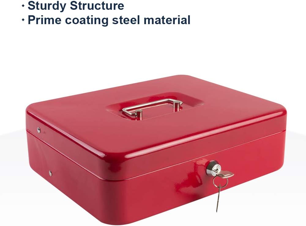 KYODOLED Locking Cash Box with Lock,Money Box with Cash Tray,Lock Safe Box with Key,Money Saving Organizer,11.81Lx 9.45Wx 3.54H Inches,Red XL Large