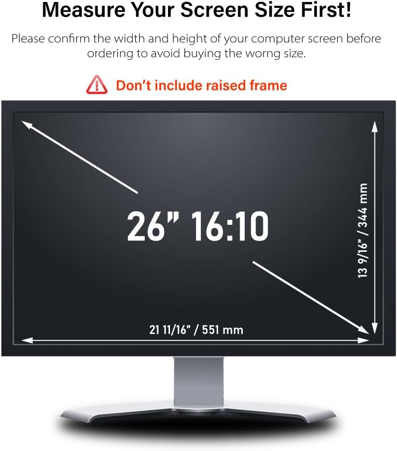 26 Inch - 16:10 Aspect Ratio - Computer Privacy Screen Filter for Widescreen Monitor - Anti-Glare - Anti-Scratch Protector Film - Protects Your Eyes from Harmful Glare and Blue Light