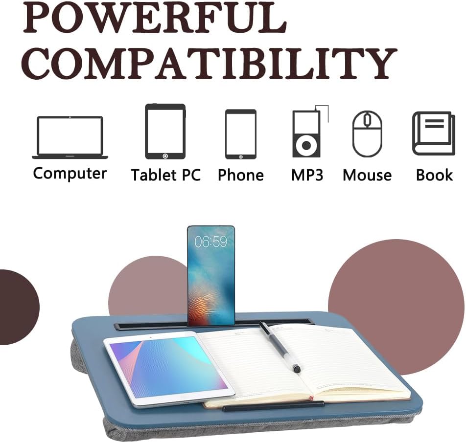 Portable Laptop Desk Fits Up to 16“ Laptops, with Tablet Slot, Built-in Cushion, Great for Home & Office,Lap Desk for Laptop,Lap Desk with Cushion (Blue, Medium)