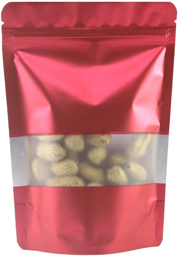 4CP 100 Pcs Red Zipper Smell Proof Bags with Window, 7.0x10.5 Inch Stand Up Foil Pouches for Food Selfsealing Storage, Reusable Bag for Packaging Small Business, Cookies, Nunt, Candy