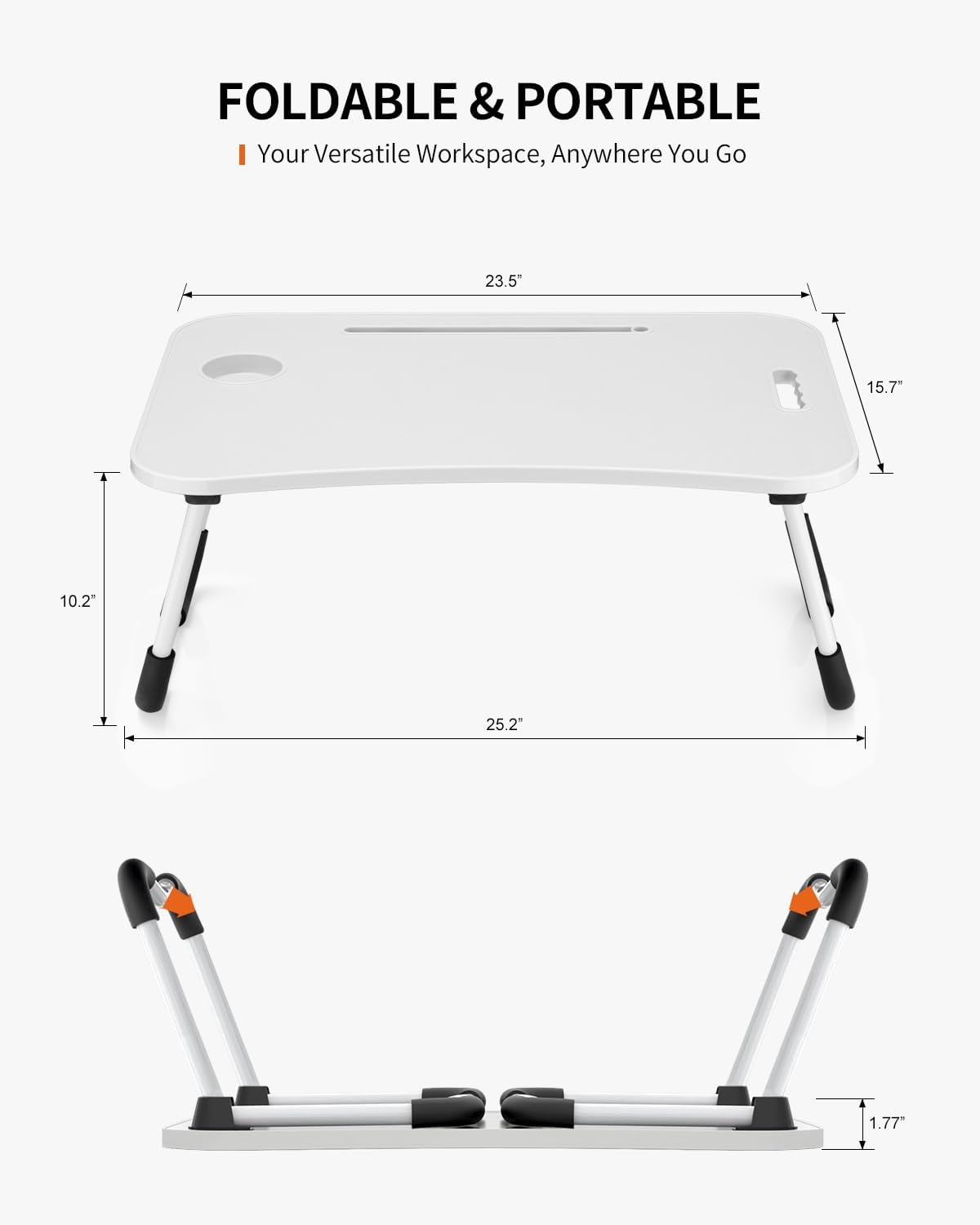 Foldable Laptop Table, Portable Lap Desk Bed Table Tray, Laptop Stand with Cup Holder & Tablet Slot & Lifting Handle for Working Writing Drawing & Eating (White)