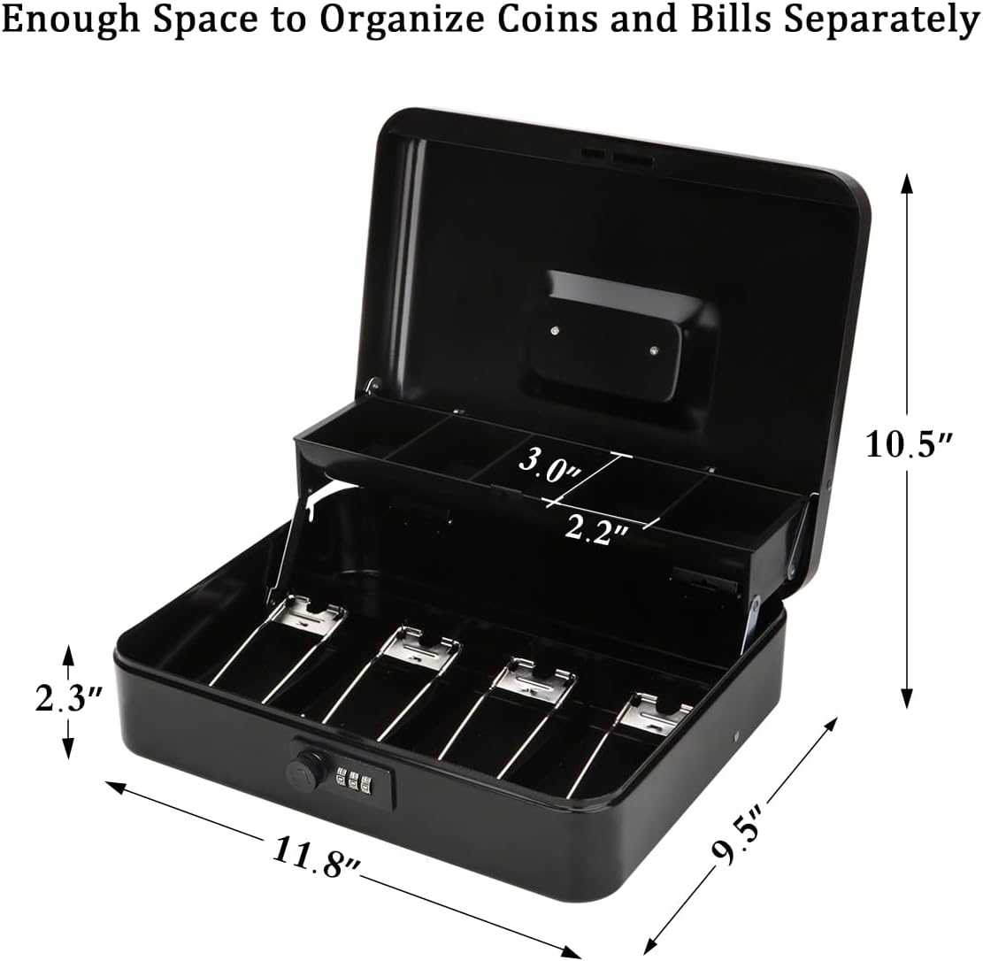Jssmst Large Locking Cash Box with Money Tray, Metal Money Box with Combination Lock Cash Safe with Security Cable, Black, SM-CB02302XL