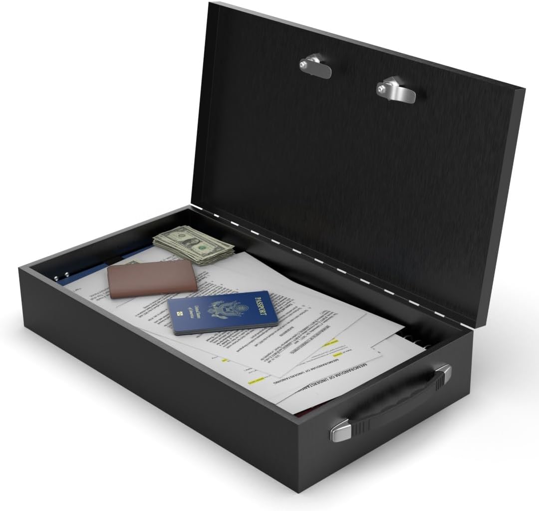 Fire Retardant Large Strong Box, Dual Combination and Key Lock Steel Security Chest Fits Legal Documents & More Flat, Fire Resistant to Safeguard Vitals, 0.43 Cubic Ft, 18" x 10" x 3.5" Interior