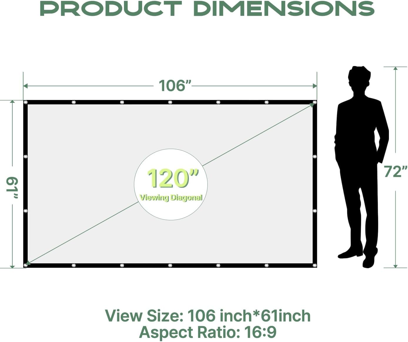 AAJK Projector Screen 120 inch, Washable Projector Screen 16:9 Foldable Anti-Crease Portable Projector Movies Screen for Home Theater Outdoor Indoor Support Double Sided Projection