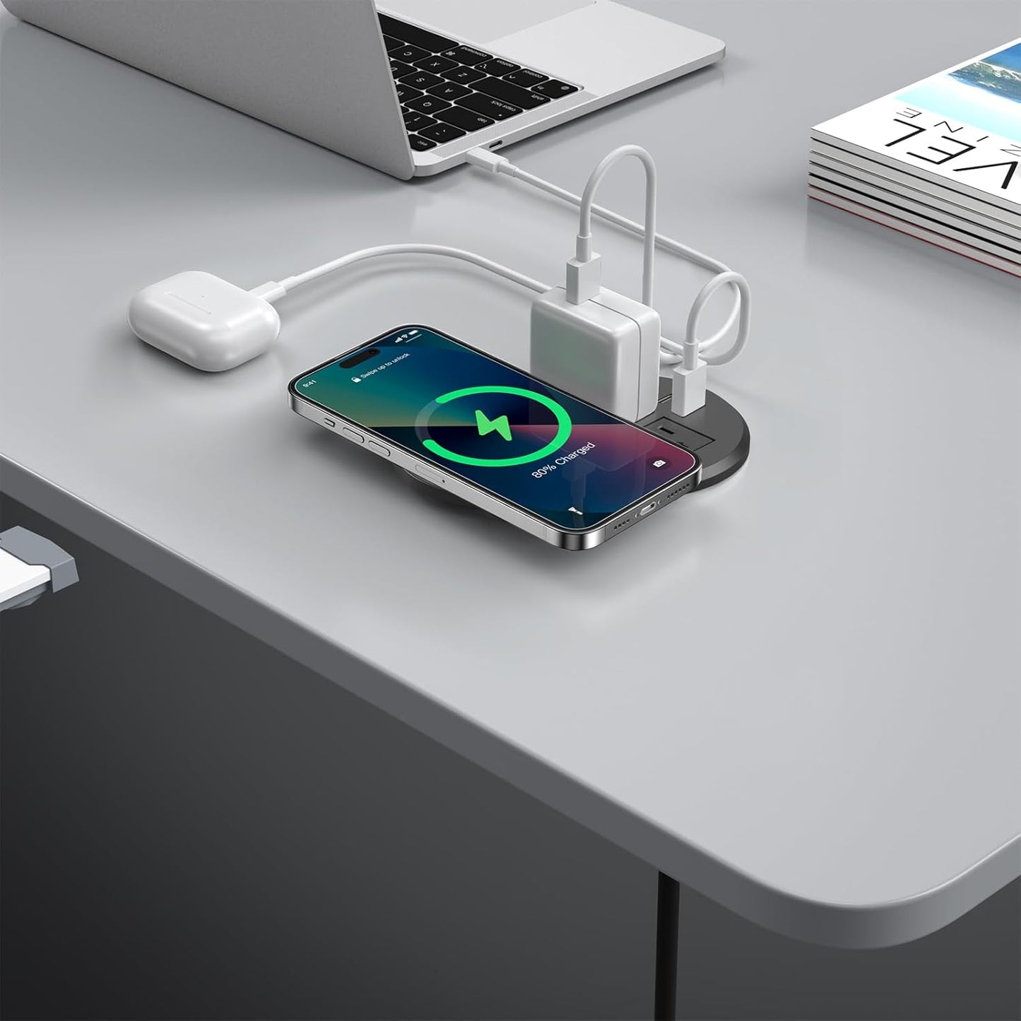 3 Inch Desk Power Grommet with 15W Wireless Charger, 20W USB-C Fast Charging Countertop Grommet Recessed Mount Power Outlet, with AC Outlets and 6ft Extension Cord