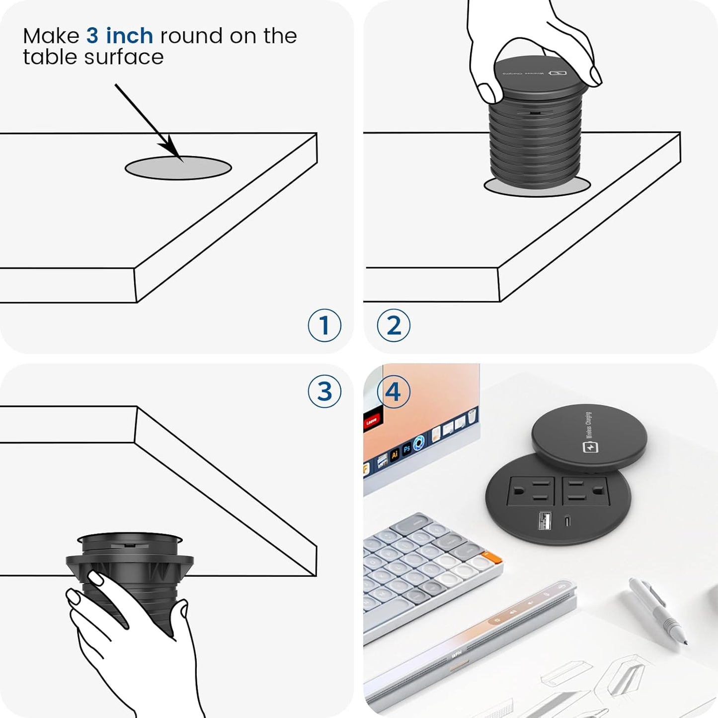Desktop Power Grommet 3-inch Hole,15W Wireless Charger,20W USB C Fast Charging Station,2 AC Plug,Round Recessed Power Strip, Workspace Essential Desk Hole Cover for Cables Black