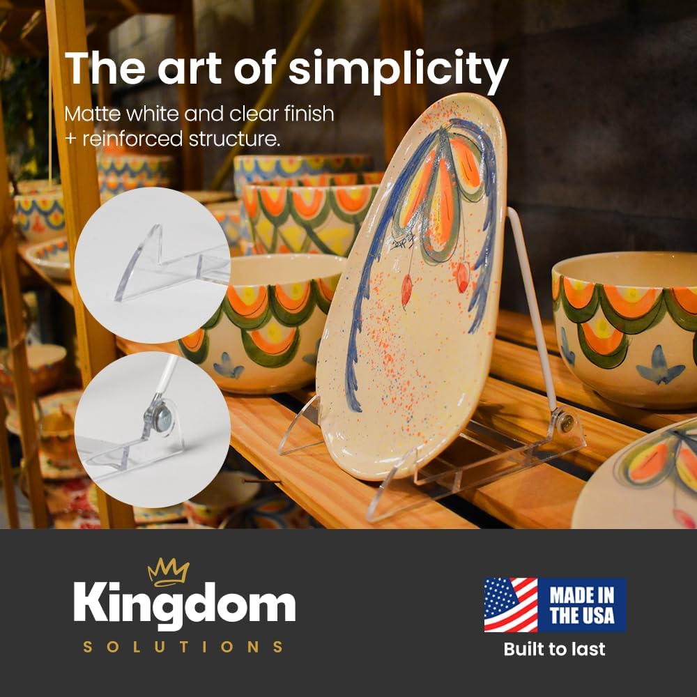 KINGDOM SOLUTIONS Made in USA 12-Pack Sturdy & Durable Adjustable White Acrylic Easels to Display Unnoticeably Plates, Art, Pictures & More - Unique on The Market