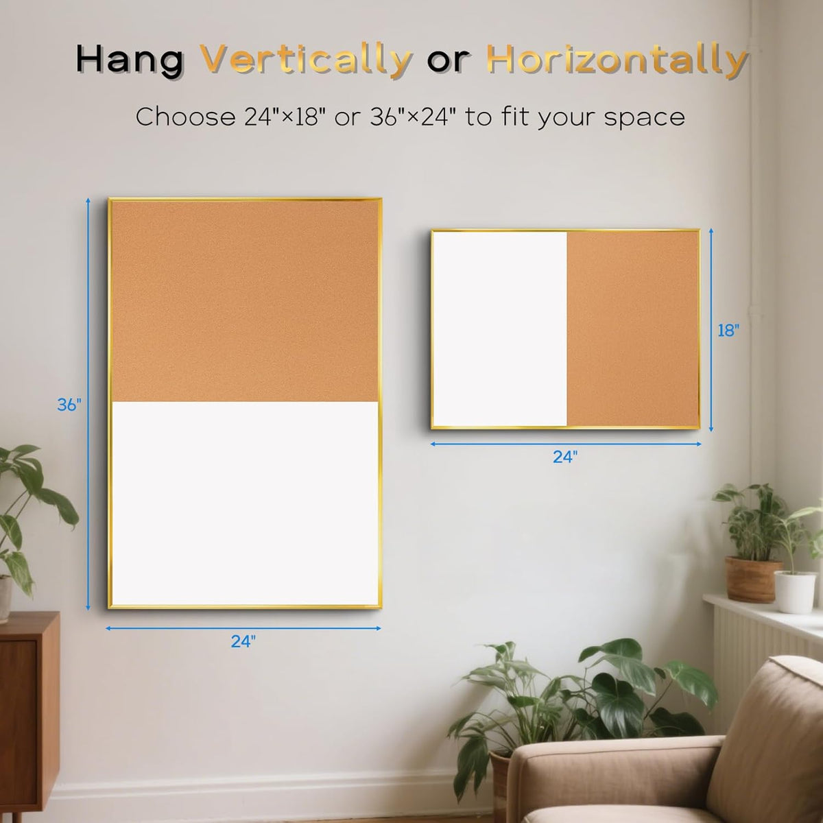 White Board Cork Board Combo, 36'' x 24'', Magnetic Dry Erase Board and Pin Board for Wall, Gold Aluminum Frame Bulletin Board for Home Office School with Accessories