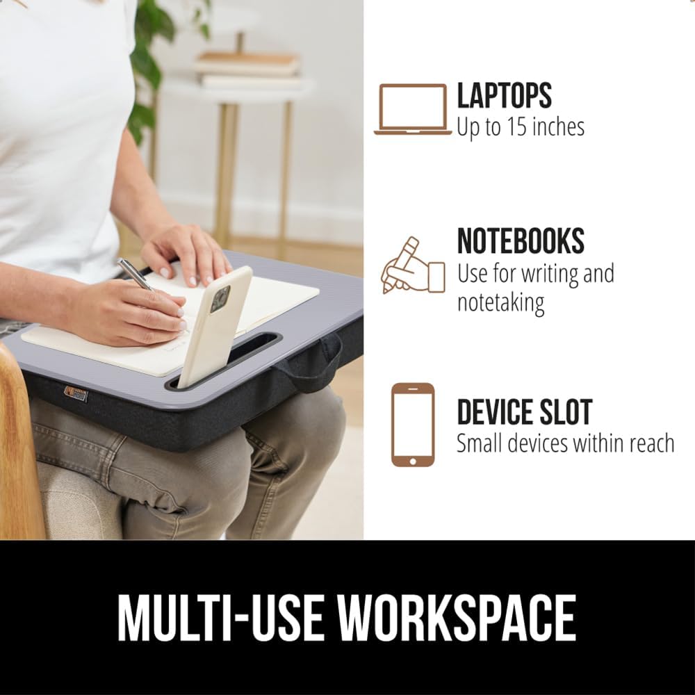 GORILLA GRIP Laptop Lap Desk with Phone Holder, Pillow Cushion Desks Fit Laptops up to 15.6", Tray Ledge Keep Computers in Place, Portable Travel Workstation Essentials for Home, Dorm Room, Gray