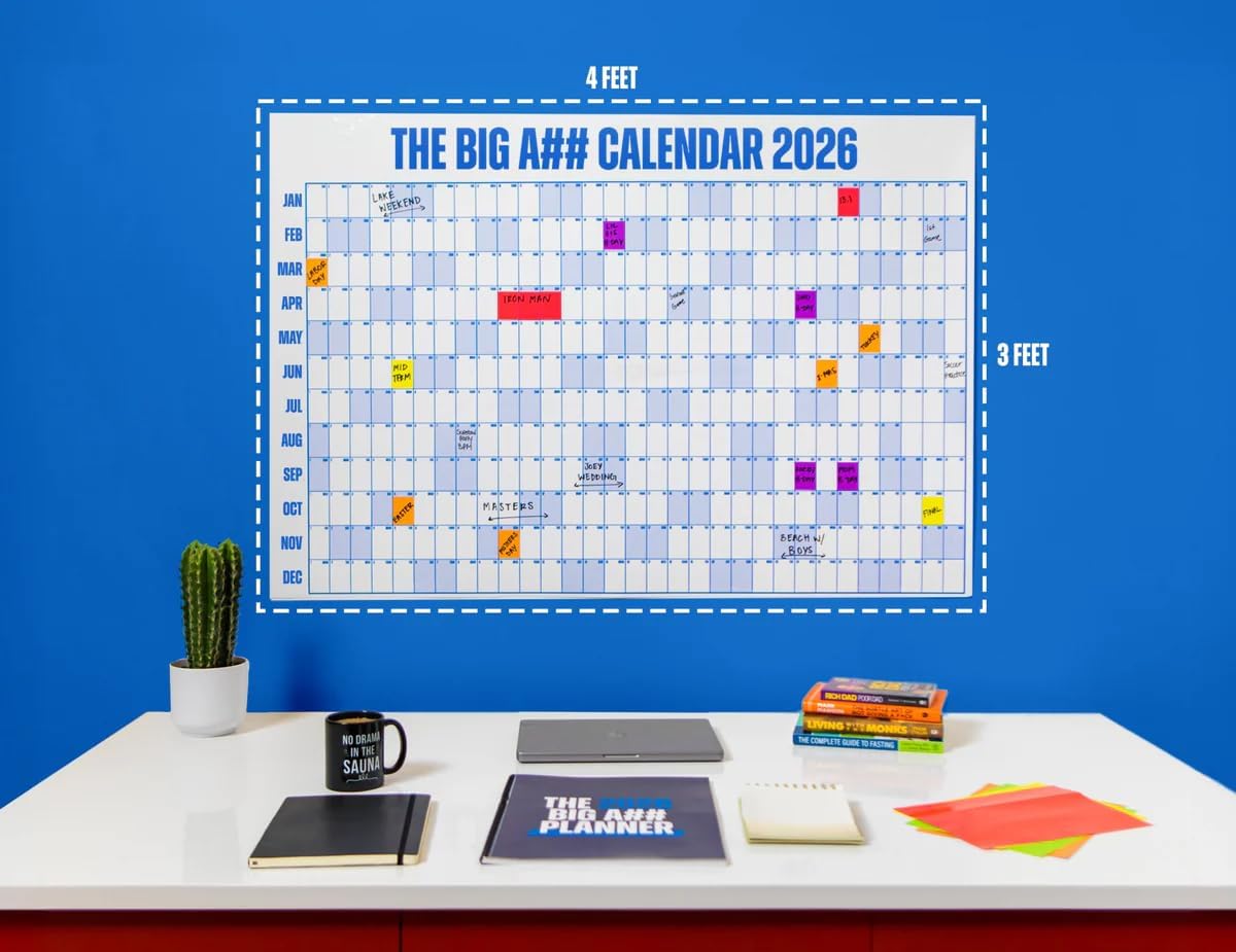 The Big A## Calendar Yearly Wall Planner – January to December Dry-Erase – Includes 1 Marker & 100 Labels – Lightweight, Easy to Hang Yearly Planner – Plan Goals & Adventures – Pink, 4’x3’