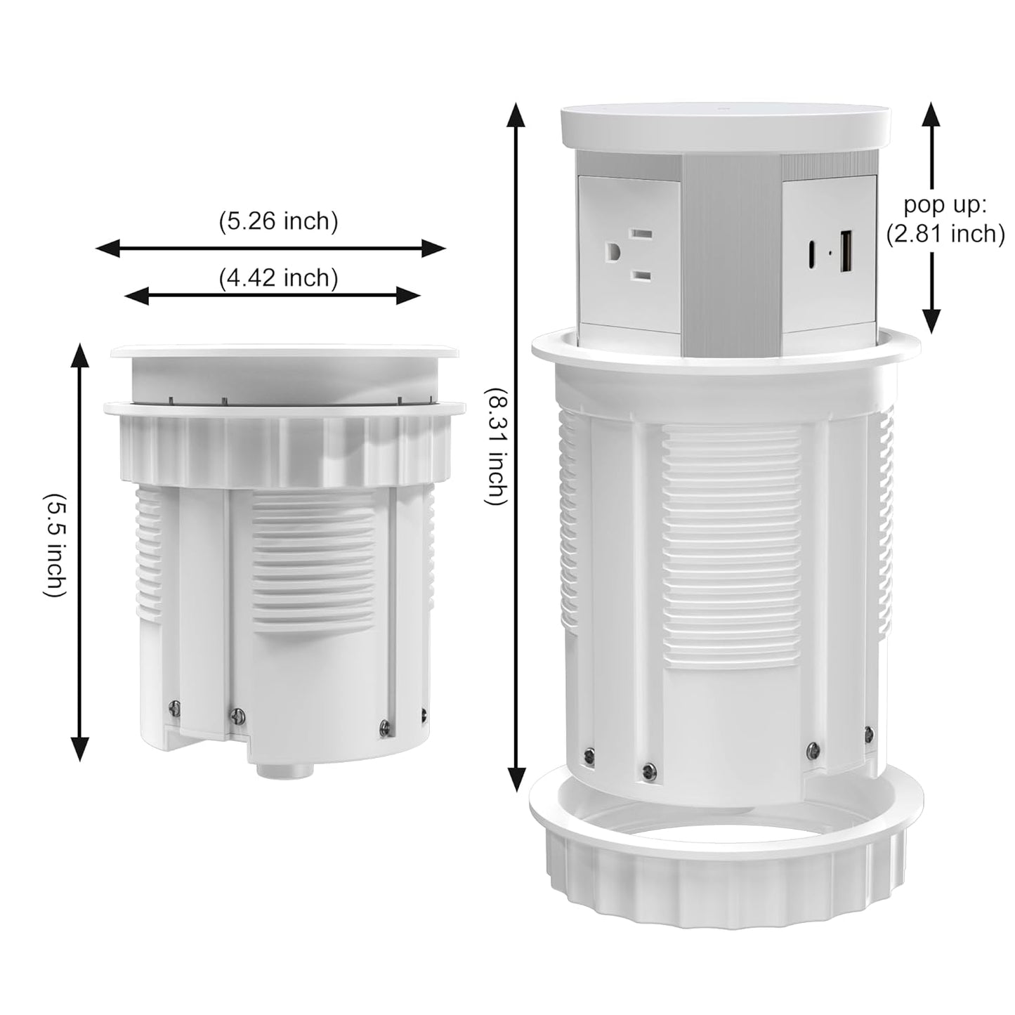 Pop Up Outlet for Countertop 4.33-inch Automatic Pop Up Hidden Outlet Round Pop Up Electrical Outlet with 15W Wireless Charger 1 USB-A & 1 USB-C & 3AC Plug 5 FT Cord for Home Office Kitchen(White)