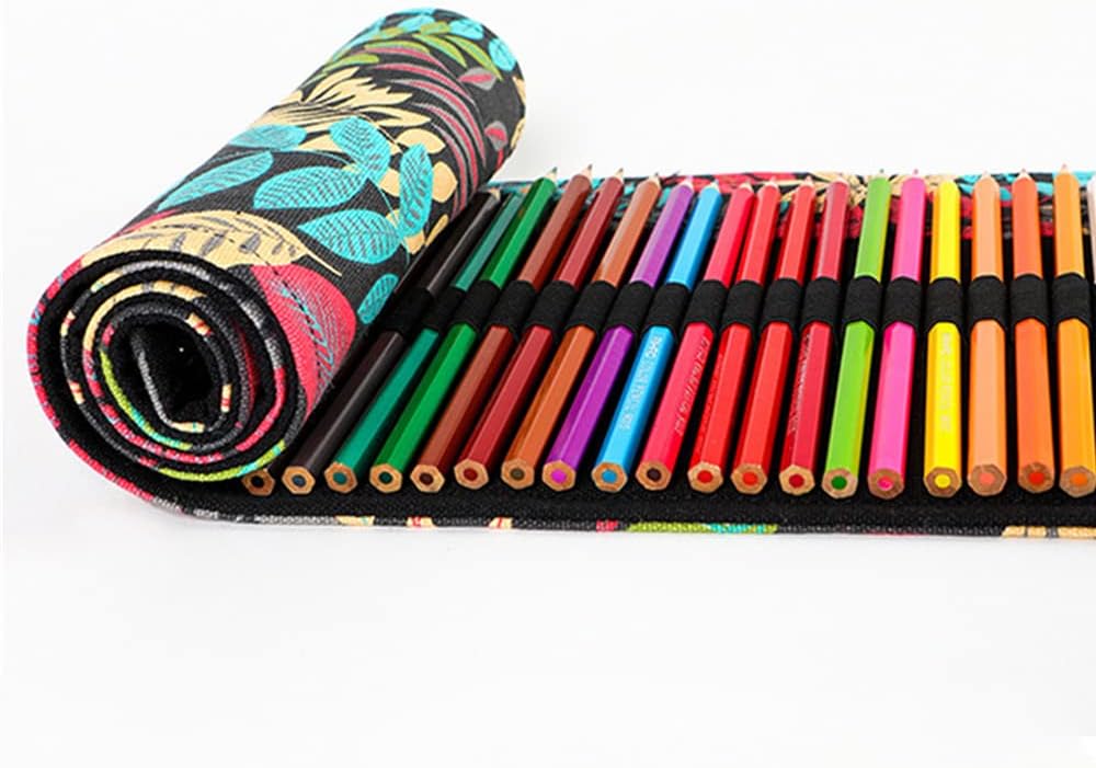 DIYOMR 24/36/72 Slots Pencil Wrap Pencil Rolls, Artist Colored Pencils Roll Up Bag Short Brushes Pouch Case Pencils Organizer for Drawing Coloring and Sketching (Colorful Leaves, 24slots)