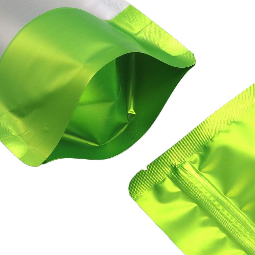 4CP 100 Pcs Green Zipper Smell Proof Bags with Window, 5.5x7.9 Inch Stand Up Foil Pouches for Food Selfsealing Storage, Reusable Bag for Packaging Small Business, Cookies, Nunt, Candy