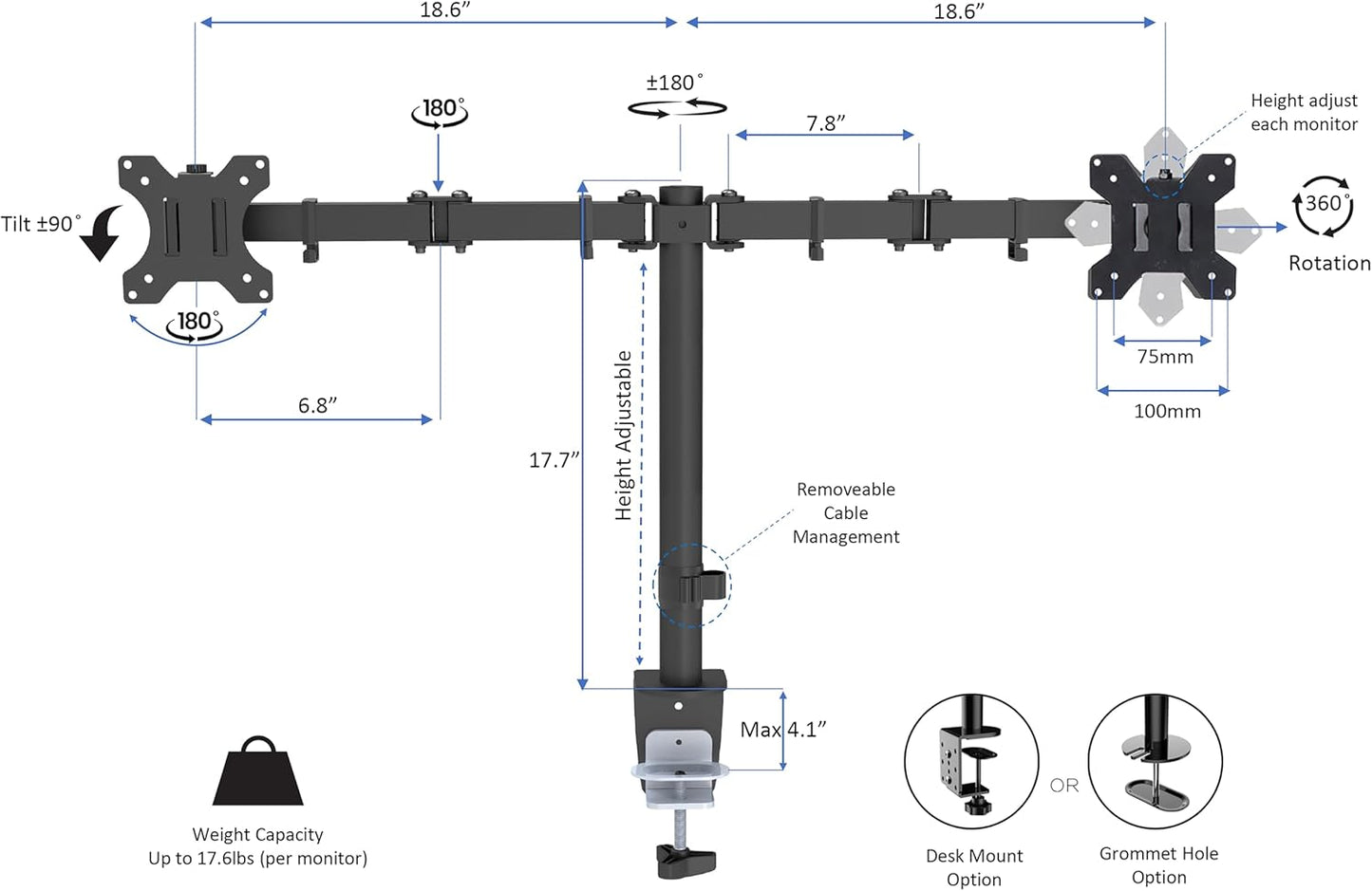 Rocelco 40" Height Adjustable Standing Desk Converter with AC Outlet USB Charger and Dual Monitor Arm Mount - Sit Stand Up Tabletop Riser - Sliding Keyboard Tray - Black (R DADRB-40-ACUSB-DM2)