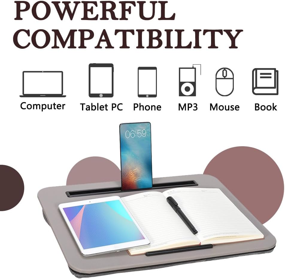 Portable Laptop Desk Fits Up to 16“ Laptops, with Tablet Slot, Built-in Cushion, Great for Home & Office,Lap Desk for Laptop,Lap Desk with Cushion (Gray, Medium)