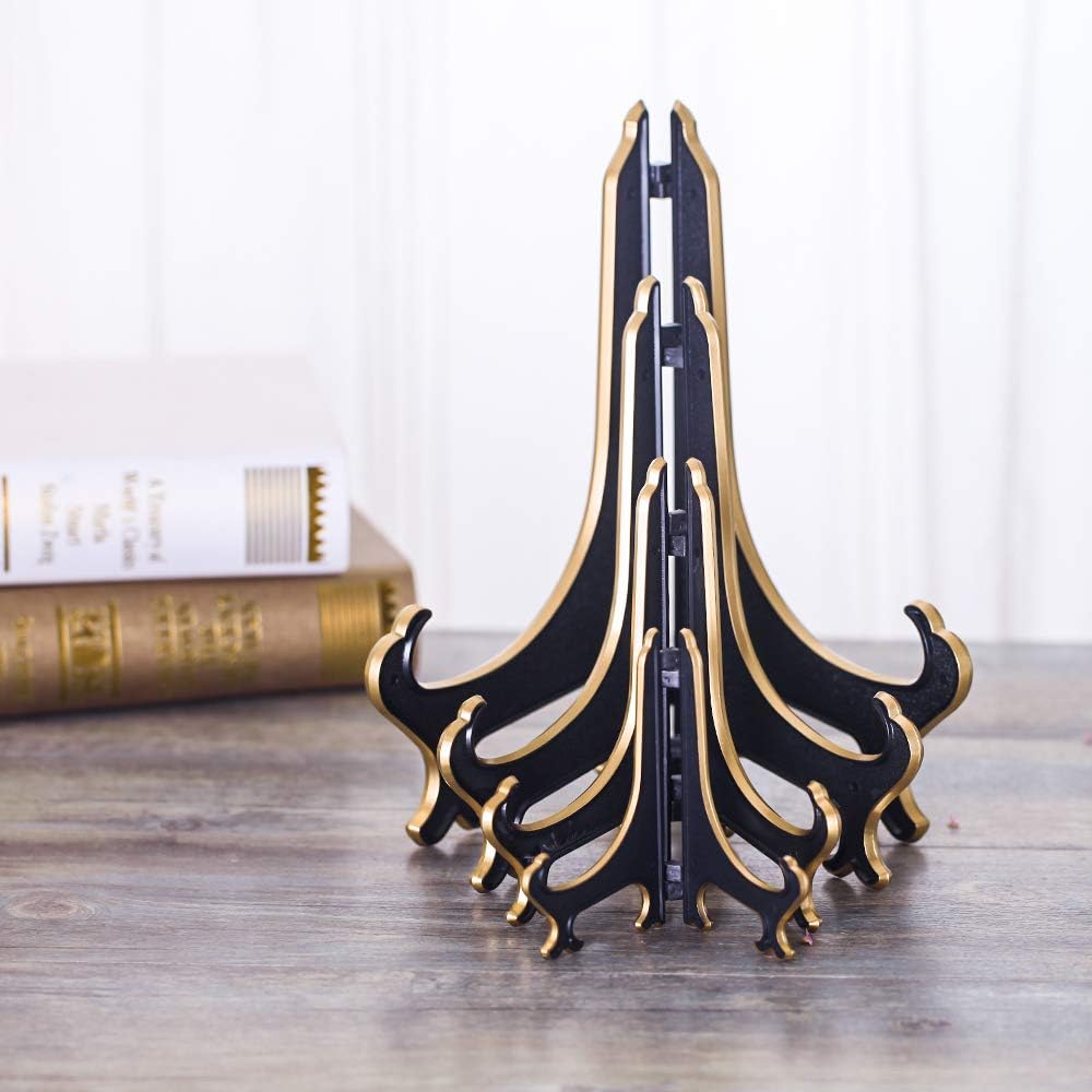 Artliving 8 Inch Plate Display Stand - Adjustable Easel Holder for Decorative Plates, Pictures, Cookbooks - Black Gold Tabletop Stands with Foldable Design - 2 Pack