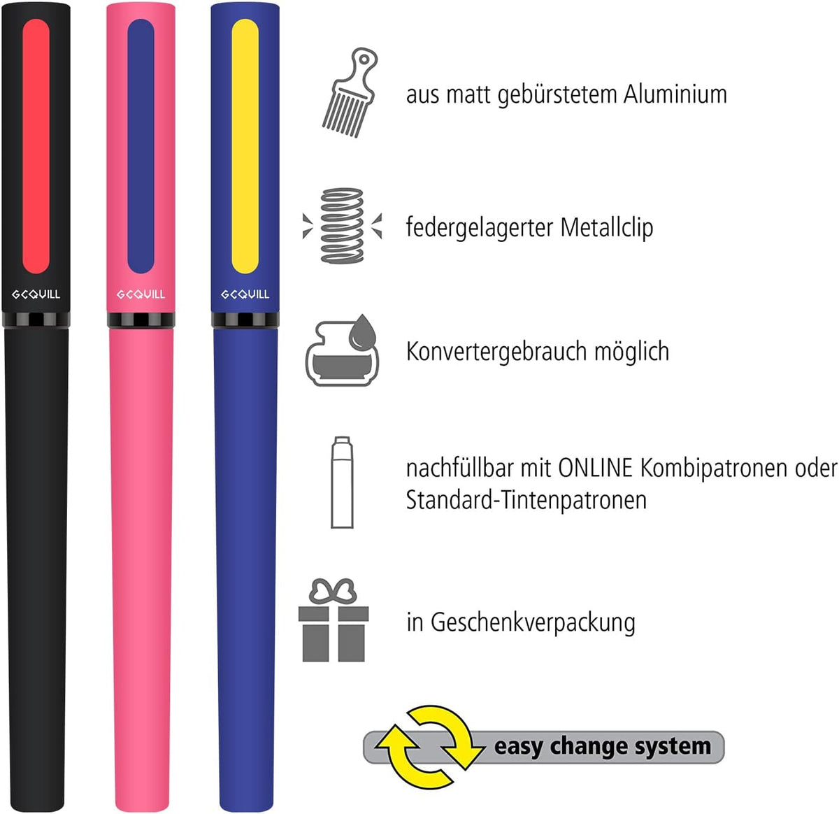 GC QUILL Calligraphy Pens Set 64pcs - Calligraphy Fountain Pen Set with 3 Fountain Pens, 7 Varied Nibs, 54 Ink Cartridges(10 Colors) - Writing, Drawing and Calligraphy Practice for beginner GC-F354