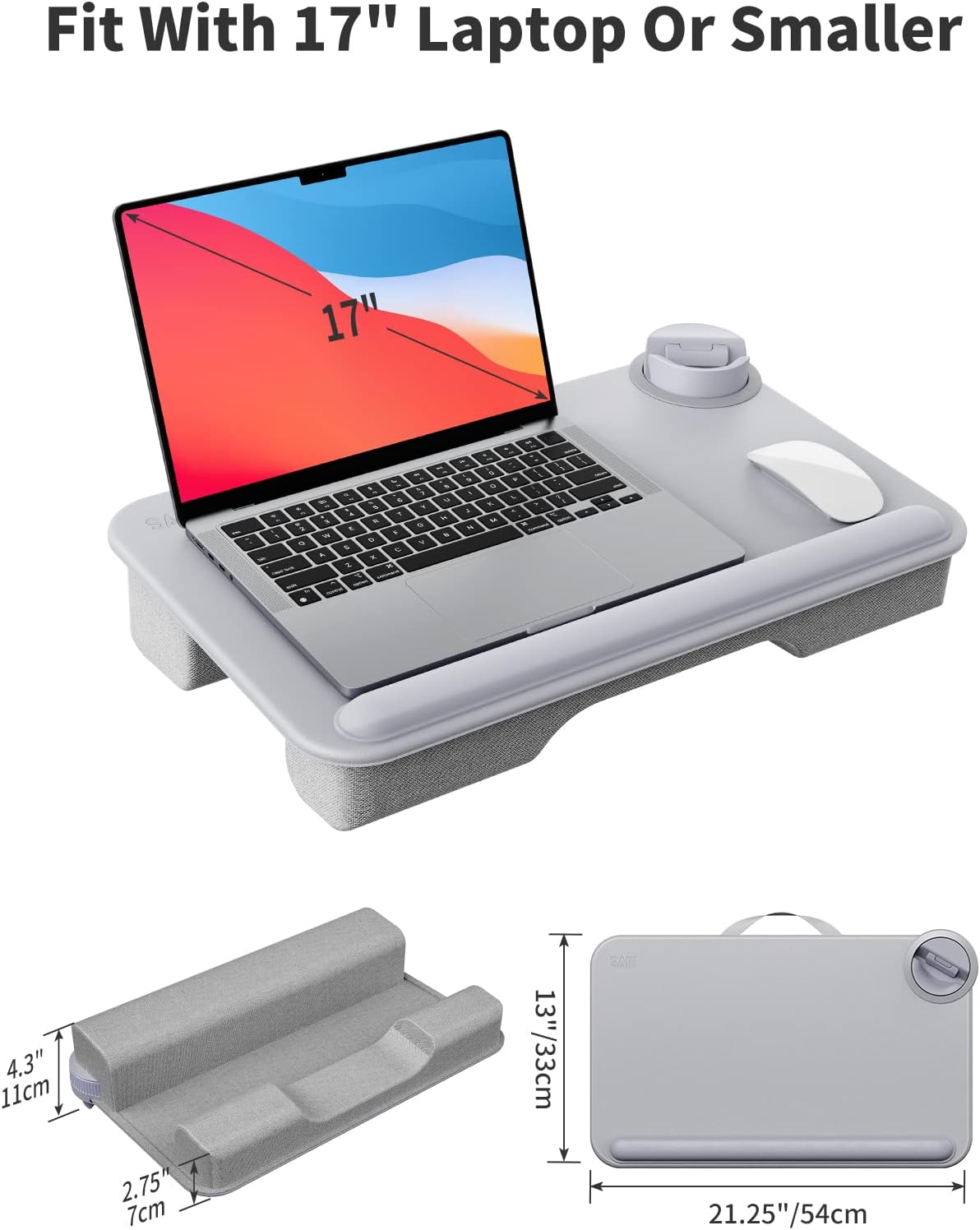 SAIJI Laptop Lap Desk for Bed—Fits Up to 17" Laptops & MacBook,Lightweight Tray Table with Soft Leather Wrist Pad,Sturdy Phone/Tablet Holder, Laptop Stand with Cushion for Home Office/Gaming On Couch