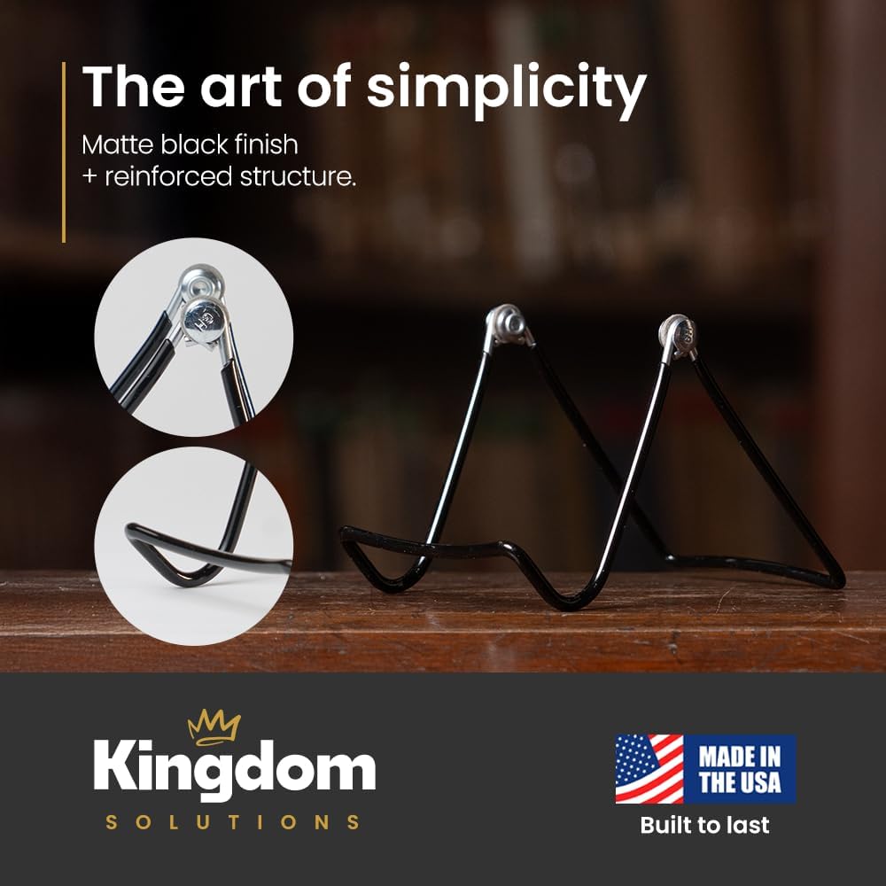 KINGDOM SOLUTIONS MADE IN USA 2-Pack Sturdy & Durable Adjustable Black Metal Easels to Display Books, Frames, Comics, Plates & More - Unique on the Market