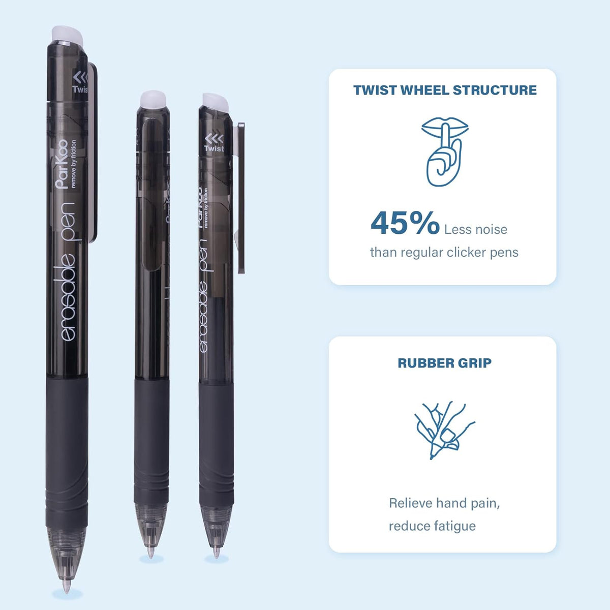 ParKoo Retractable Erasable Gel Pens, 20 Black Twist Pens, Fine Point 0.7 mm, Make Mistakes Disappear, Smooth Writing with Comfortable Grip for Journaling Drawing, School Supplies