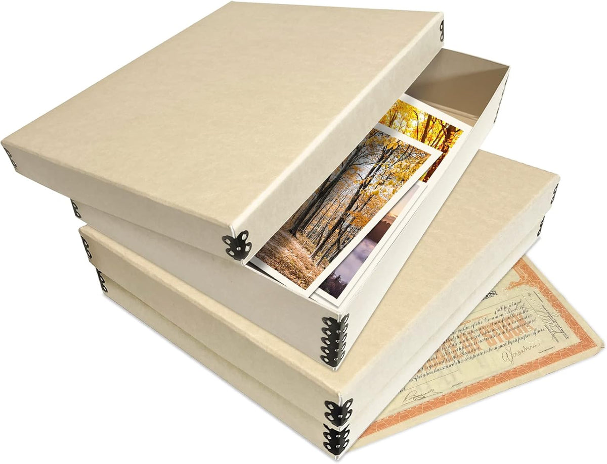 Lineco Museum Archival Storage Box, 11.75x14.75x3 in. Drop Front Design. Acid-Free with Metal Edge. Organize Photos, Pictures, Prints, Documents, Crafts, DIY. Tan, 1 Pack