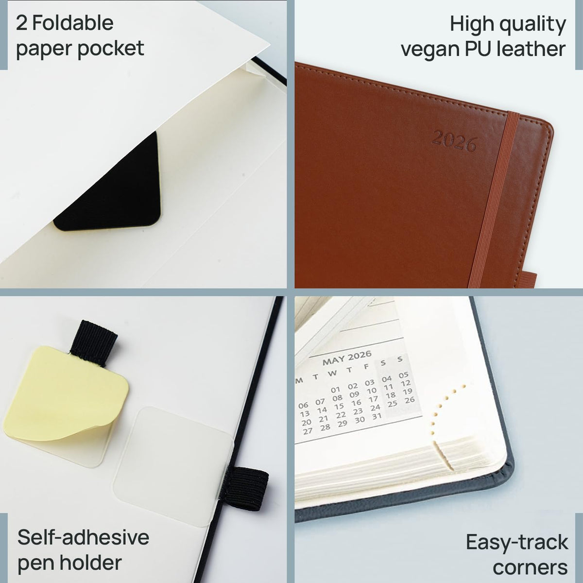 POPRUN 2026 Weekly Planner (Medium 7'' x 8.5''), 30-Minute Hourly Appointment Book (Jan 2026-Dec 2026) with Monthly Tabs, Inner Pockets, Pen Holder, PU Leather Softcover, 100GSM - Dark Green