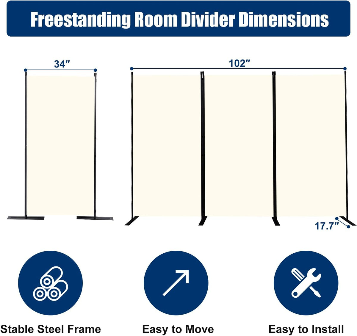 Room Divider 6FT Portable Room Dividers and Folding Privacy Screens, 102'' W Fabric Divider for Room Separation, 3 Panel Partition Room Dividers Freestanding Wall Divider Screen for Dorm Studio Office