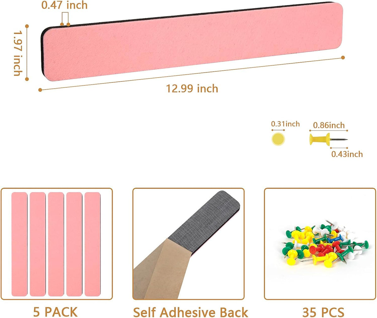 Felt Pin Board Bar Strips Bulletin Board for Bedrooms Offices Home Wall Decoration, Notice Board Self Adhesive Cork Board with 35 Push Pins for Paste Notes, Photos, Schedules
