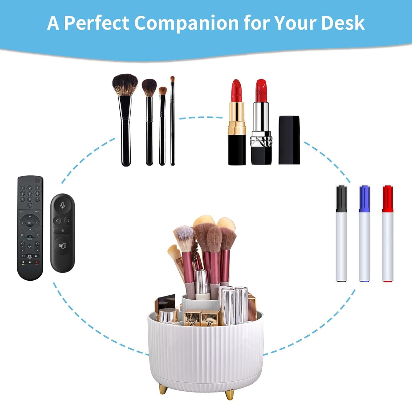 Marbrasse Desk Organizer, 360-Degree Rotating Pen Holder, Desk Organizers and Accessories with 5 Compartments Pencil Holder, Art Supply Storage Box Caddy for Office, Home(White)