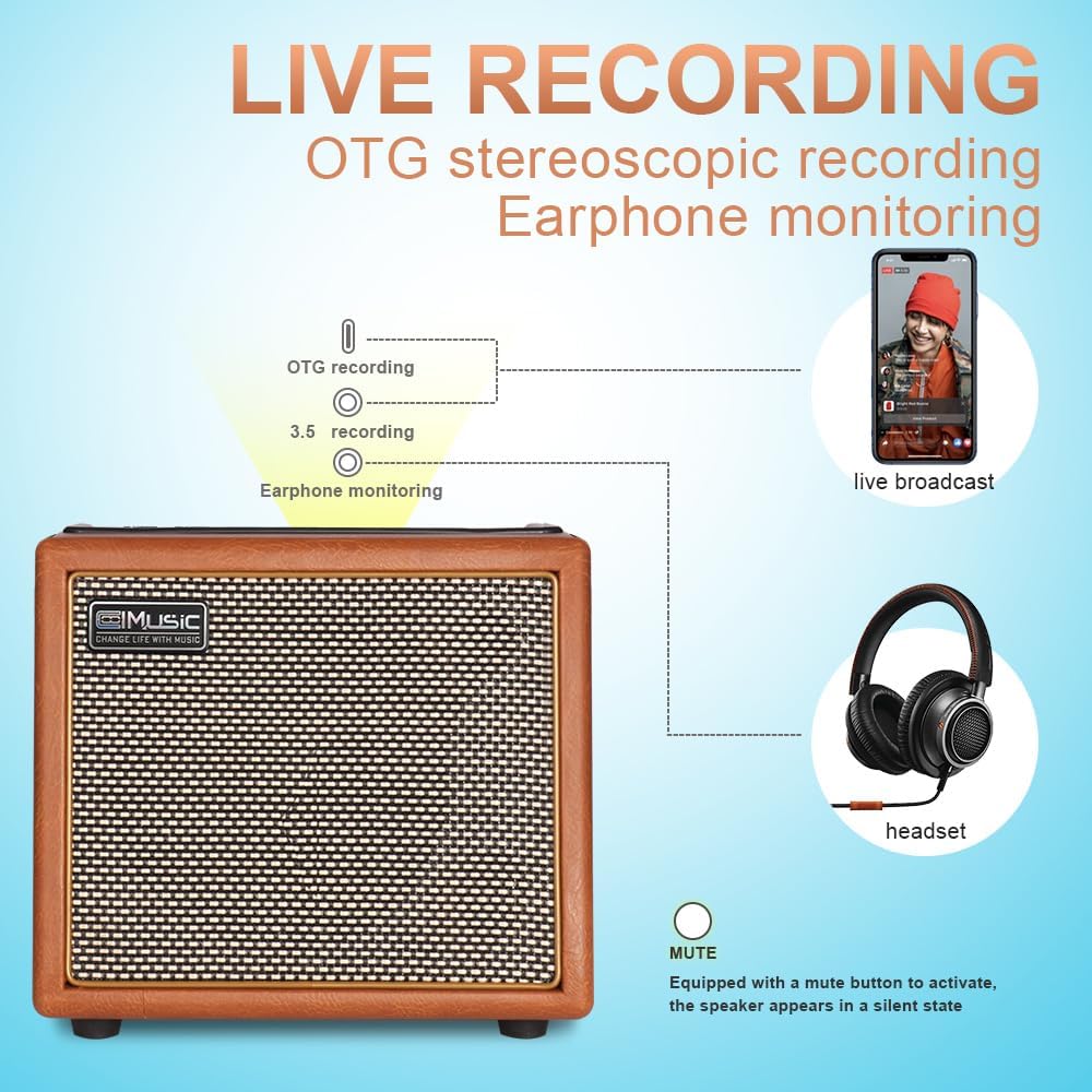 Coolmusic Professional Karaoke Machine Guitar Amplifier with 1 Microphone, Portable Bluetooth Speaker with OTG Supports USB, AUX, Rec, TWS, Part, PA System for Adults/Children