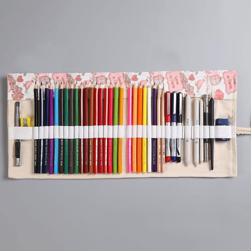 DIYOMR 24/36/72 Slots Pencil Wrap Pencil Rolls, Artist Colored Pencils Roll Up Bag Short Brushes Pouch Case Pencils Organizer for Drawing Coloring and Sketching (Paris Tower, 24slots)