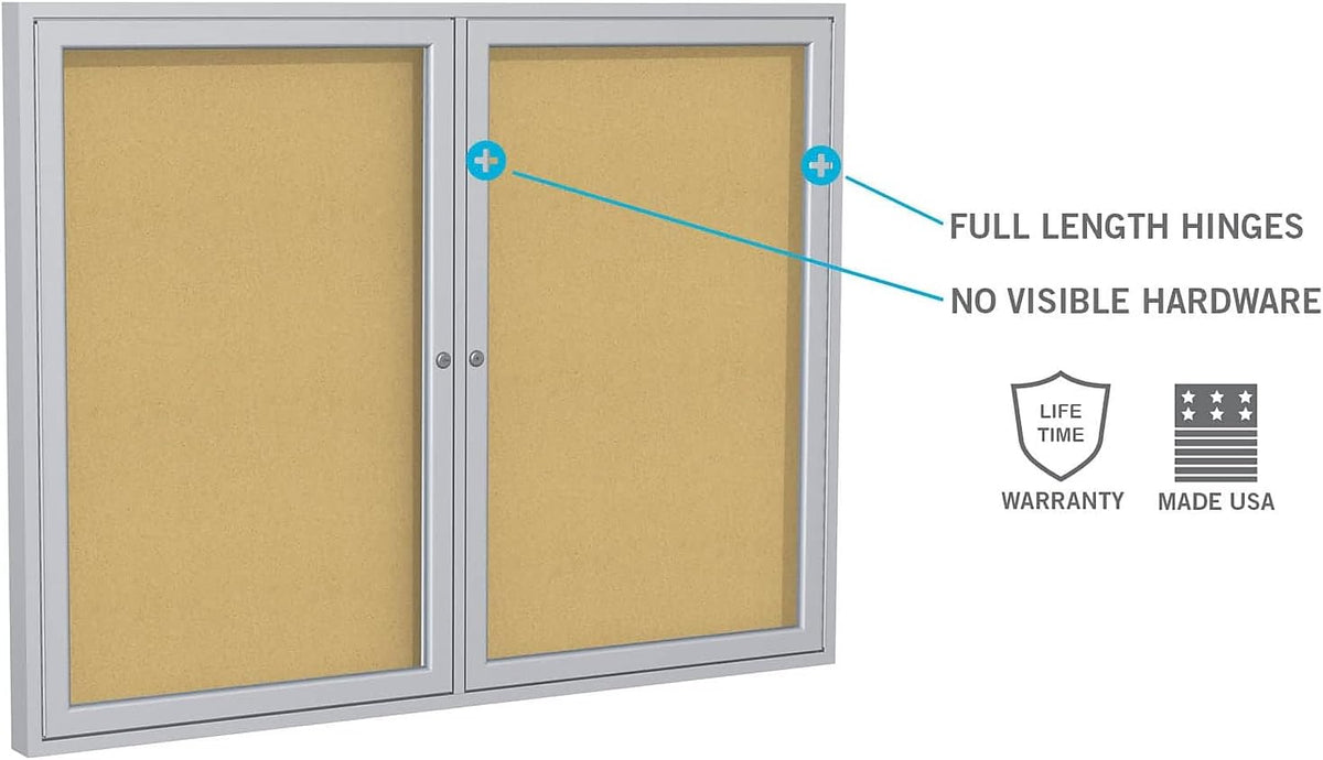 Ghent 48" x 60" 2-Door indoor Enclosed Bulletin Board , Shatter Resistant, with Lock, Satin Aluminum Frame - Natural Cork (PA245K) Made in the USA