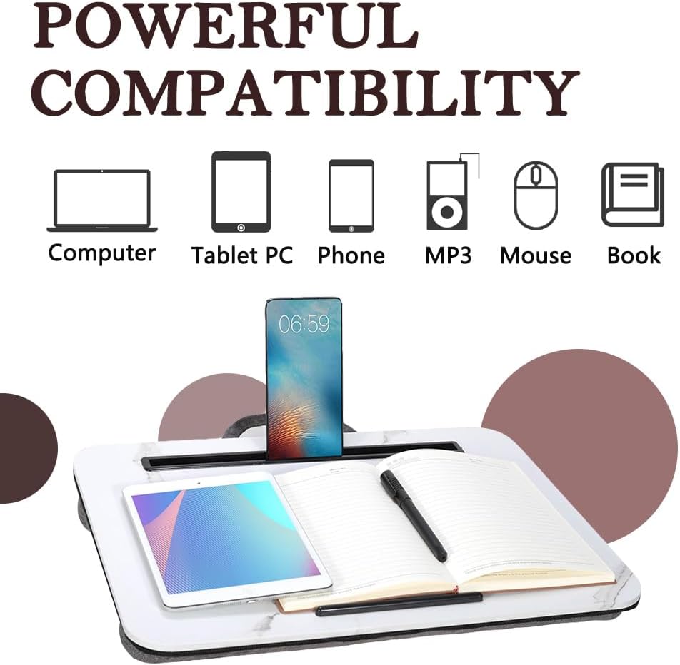 Portable Laptop Desk Fits Up to 16“ Laptops, with Tablet Slot, Built-in Cushion, Great for Home & Office,Lap Desk for Laptop,Lap Desk with Cushion (White Marble, Medium)