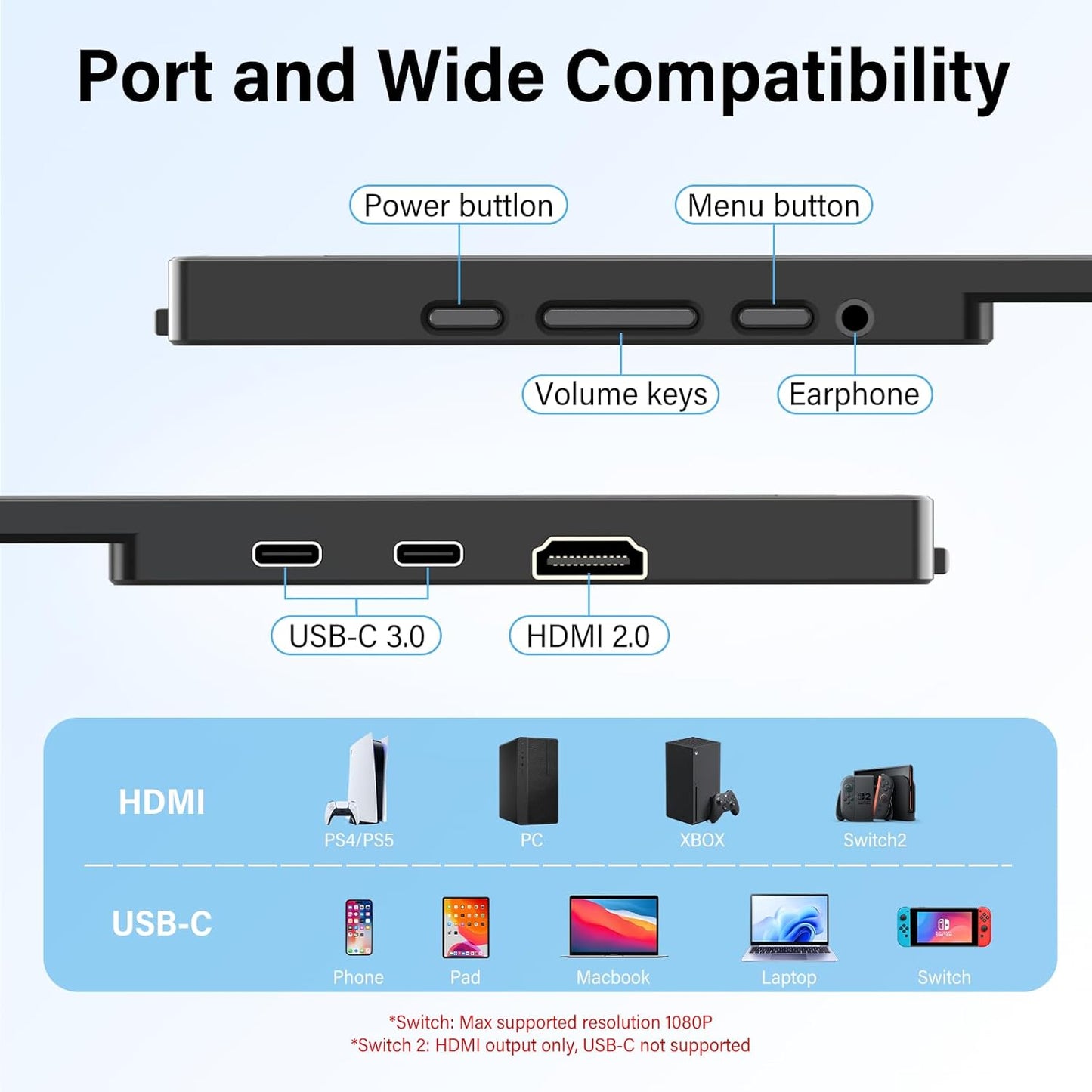 InnoView 16-inch 180Hz 100% sRGB Portable Monitor Built-in Speakers FHD1920×1200 Laptop Screen Extender | 2 x Type-C & HDMI 16:10 Portable Monitor Plug & Play for Macbook/Switch/PS5/Xbox