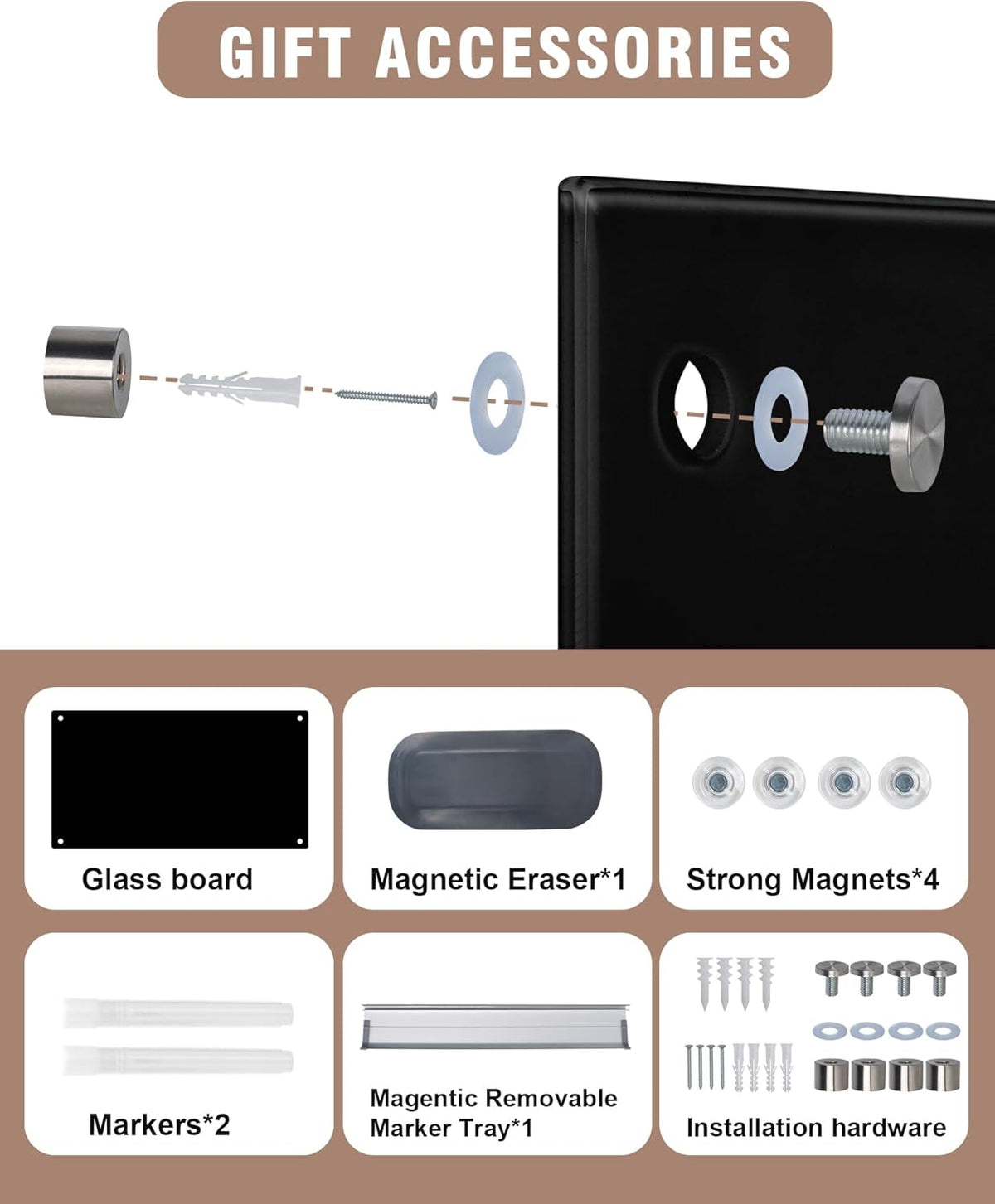 Magnetic Glass Whiteboard,48"x36" Wall Mounted Frameless Dry Erase Board for Office, Home & School Black
