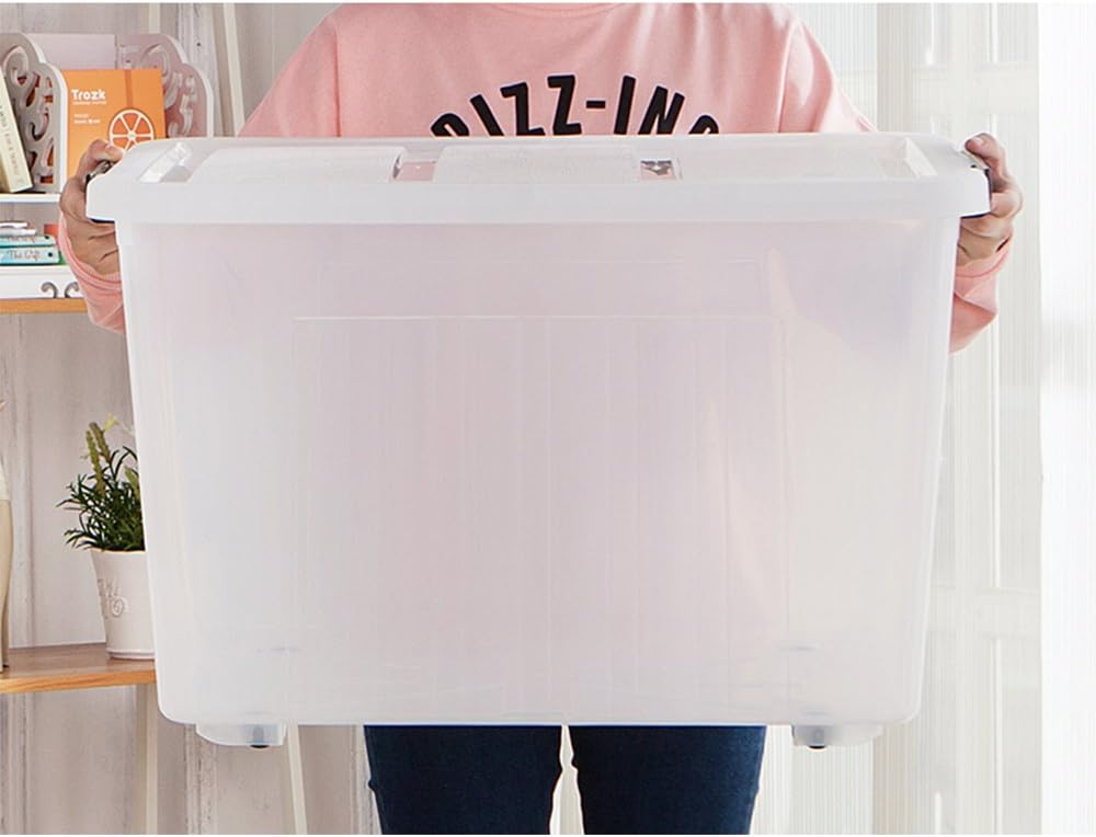 4-Pack 70 L Large Clear Storage Boxes, Plastic Latching Boxes with Wheeles