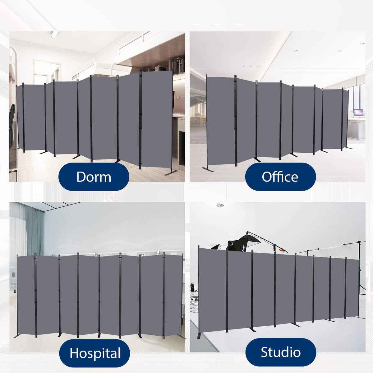 Room Divider and Folding Privacy Screens, 8 Panel Wide Room Divider Wall Screen for Room Separtition, Partition Room Dividers Fabric Panel Wall Dividers Freestanding for Office, Bedroom, Studio Dorm