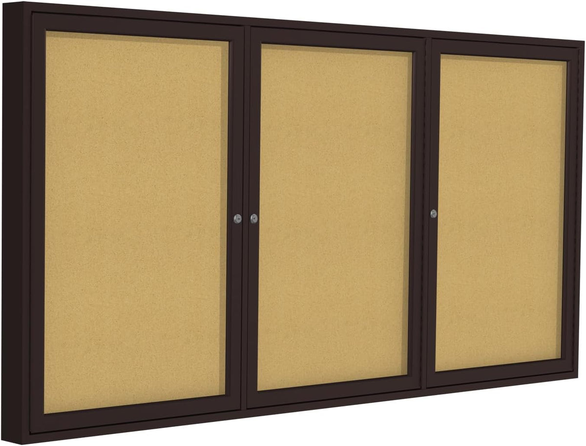 Ghent 48" x 96" 3-Door Indoor Enclosed Bulletin Board, Shatter Resistant, with Lock, Bronze Aluminum Frame - Natural Cork (PB34896K) Malde in The USA