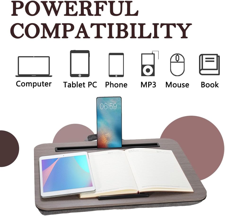 Portable Laptop Desk Fits Up to 16“ Laptops, with Tablet Slot, Built-in Cushion, Great for Home & Office,Lap Desk with Cushion (Walnut, Medium)