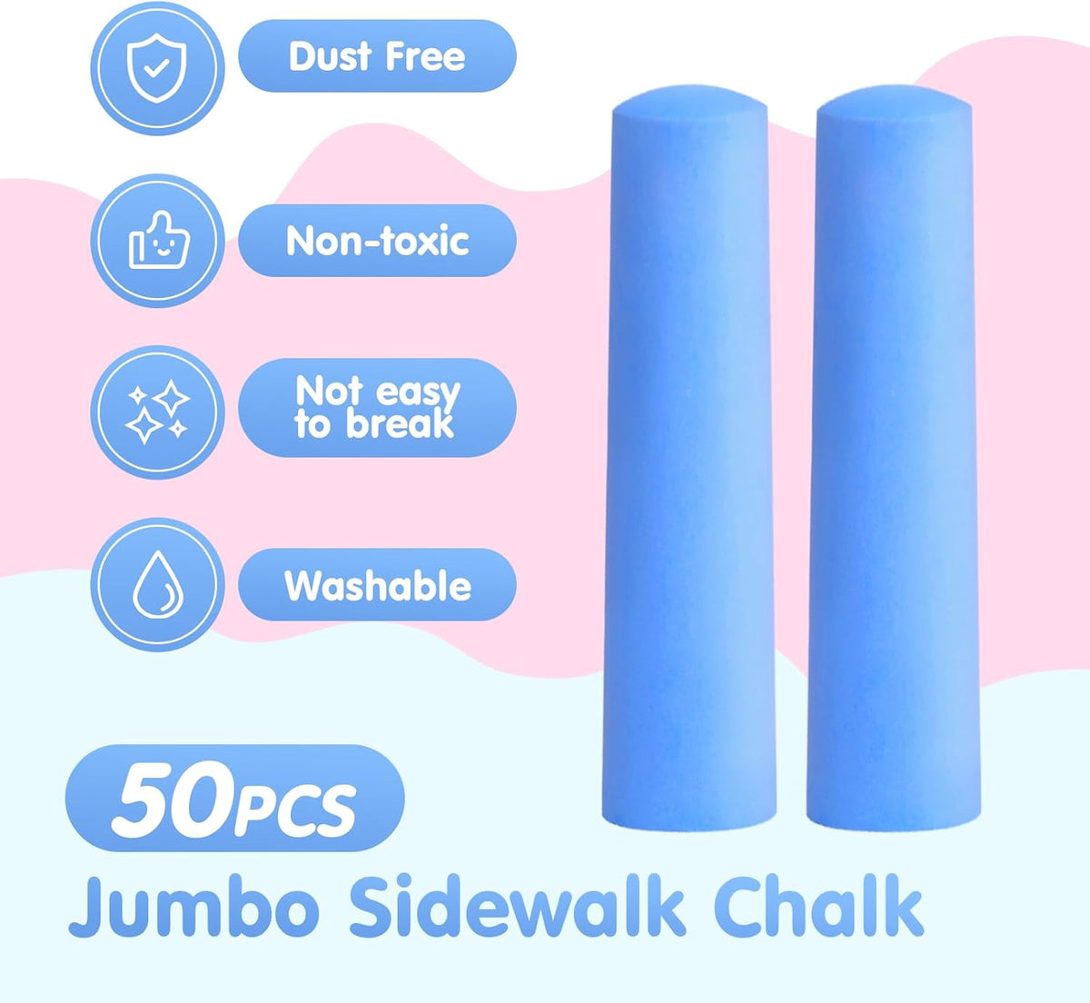 50 Pack Washable Sidewalk Chalks for Kids Non-Toxic Jumbo Chalk for Outdoor Art Play, Colored Chalk for Painting on Chalkboard, Blackboard and Playground(Blue)
