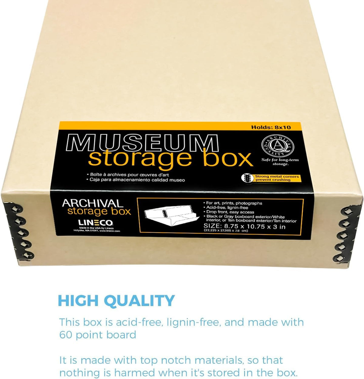 Lineco Museum Archival Storage Box, 8.75x10.75x3 in. Drop Front Design. Acid-Free with Metal Edge. Organize Photos, Pictures, Prints, Documents, Crafts, DIY. Tan, 1 Pack