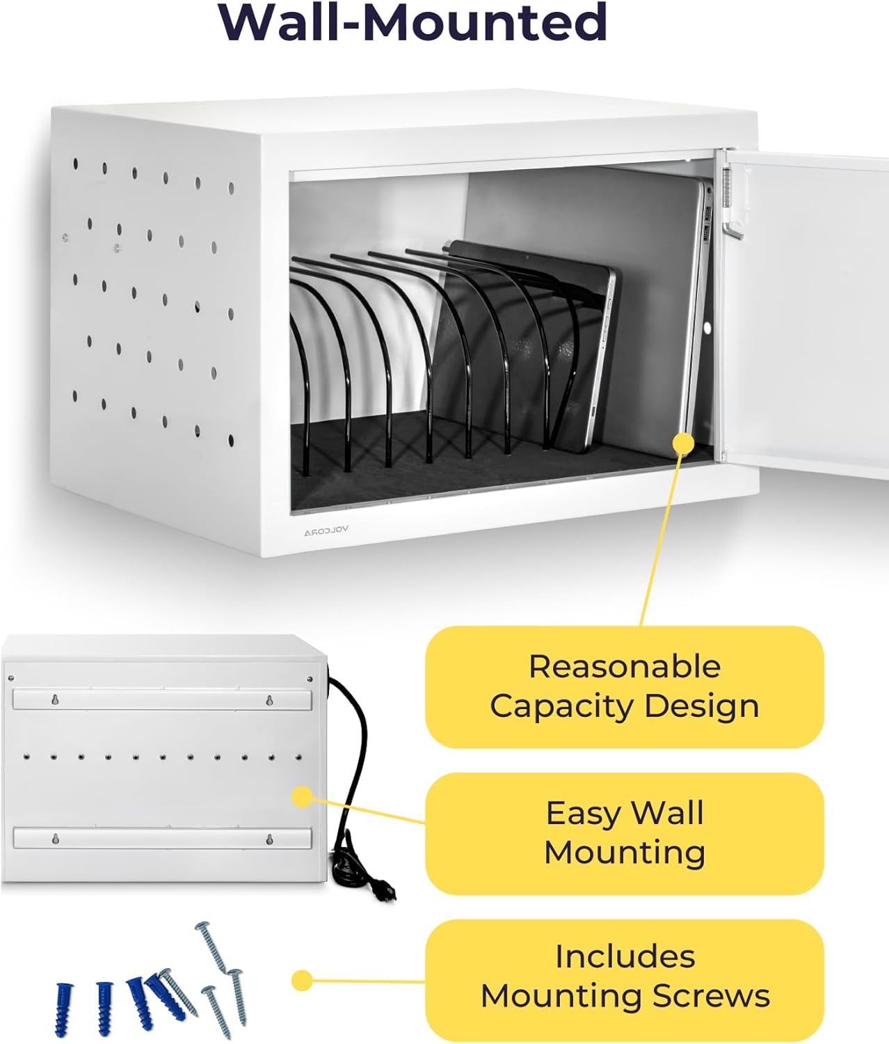 Volcora 12 Device Charging Cabinet for Laptop, Tablet, Chromebook, iPad, Wall Mounted Locking Charging Station with Keys, Surge Protection, Cable Management for Classroom, School Supplies, White