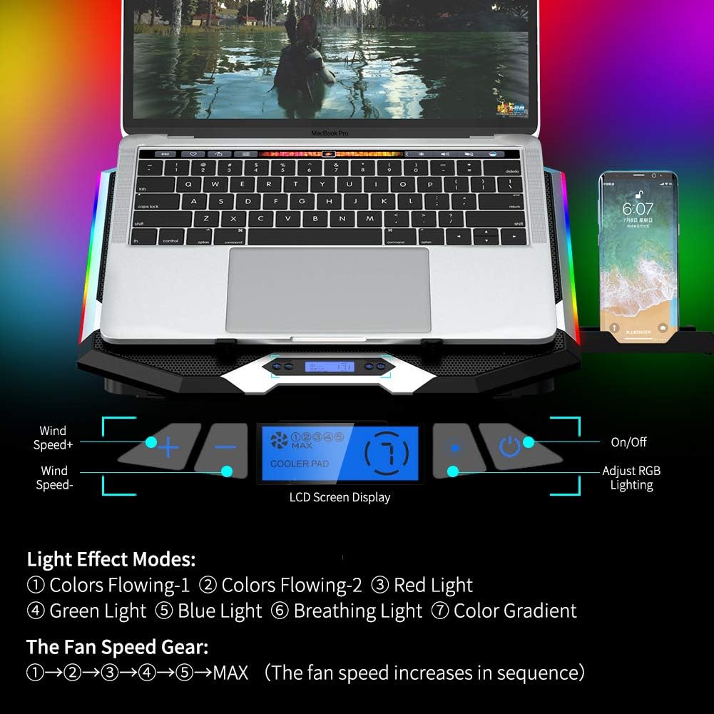 ICE COOREL Gaming Laptop Cooling Pad 15-17.3 Inch, Laptop Fan with 6 RGB Cooling Fans, Laptop Cooling Stand with 6 Height Adjustable, Laptop Cooler with LCD Screen, 2 USB Ports, Phone Stand