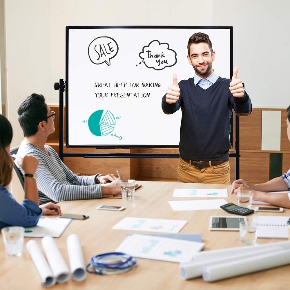 XIWODE 36x60 Large Magnetic Dry Erase Whiteboard with Stand - Double-Sided Freestanding Rolling Board, Flippable Design for Writing & Display, Black Frame for Office, Classroom, Home, Presentations