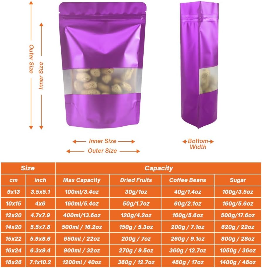 Purple Smell Proof Packaging Bags,Mylar Clear Bags for Food Storage,Sealable Bag for Packaging,Stand Up Pouches with Window,ReSealable Bag for Small Business,Cookies,Candy