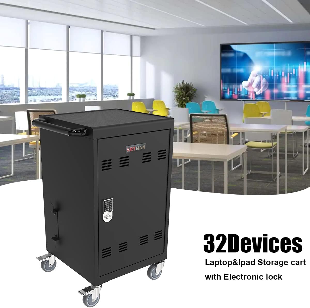 32 Device Charging Cart with Combination Lock, Laptop and Tablet Mobile Charging Cabinet for Up to 16.3" Devices with Cord Management, Desktop Charging and Storage Locker for Classroom or Office.Black