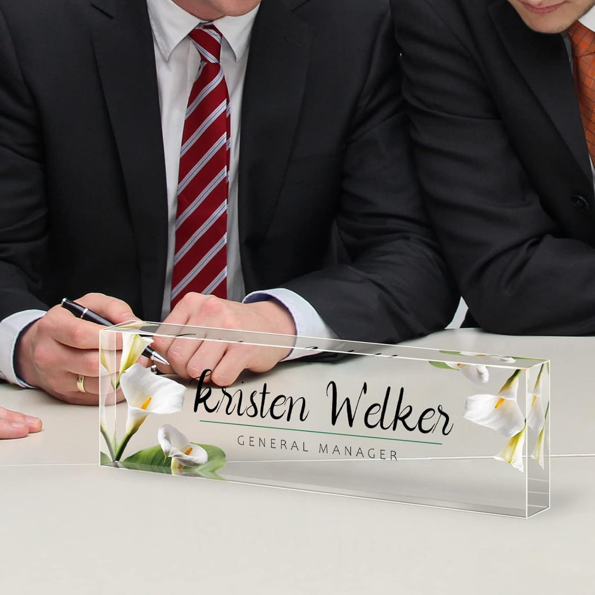 Desk Name Plate Personalized, Premium White Calla Lily Acrylic Desk Name Plate, Personalized Name Plate for Desk, Office Decor for Women or Men Coworkers, Boss, Employee, Teacher