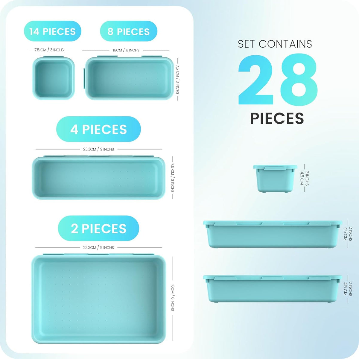 【28PCS】A-LUGEI Drawer Organizer, Bathroom Organizers and Storage, Makeup organizer, Desk drawer organizer, Storage Bins for Kitchen Office Bedroom Vanity Jewelry Pantry Garage【Black】【4Size】