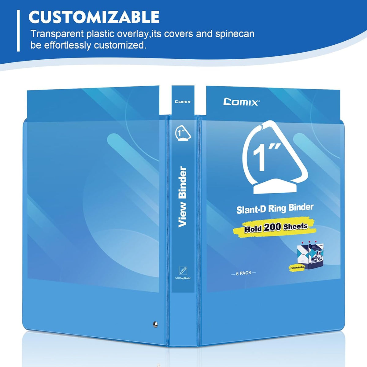 COMIX Sturdy 1 Inch Binders 3 Ring with Clear View Cover, 1" Slant-D Ring View Binder Holds 225 Sheets of US Letter Size Paper, 6 Pack (Light Blue)